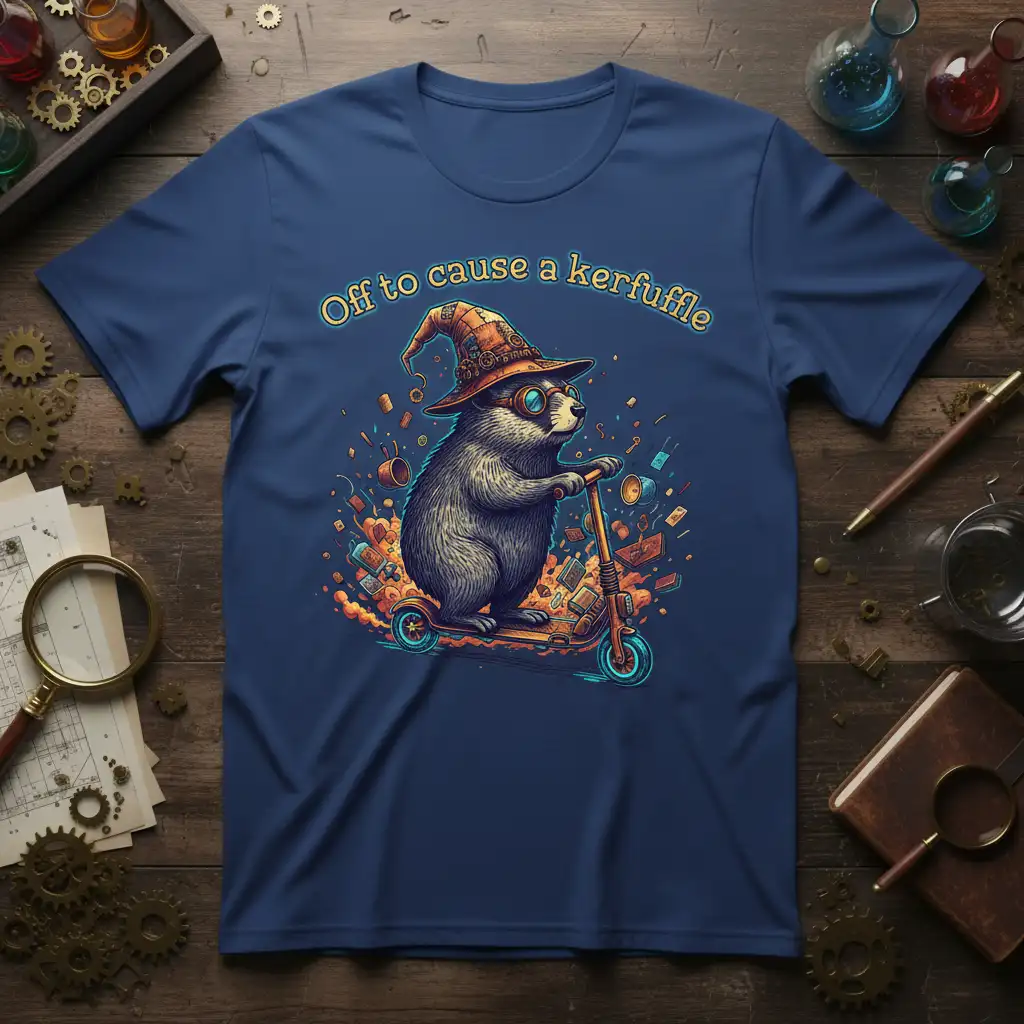 Off to cause a kerfuffle text with a wizard badger on a scooter design on a blue tee