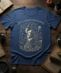 T-shirt with a badger wearing a witch hat, riding a unicycle, with the text "Off to commit tom foolery" above