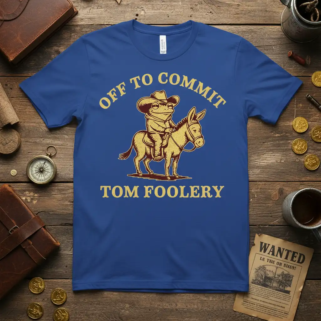 Off To Commit Tom Foolery funny quote with cowboy frog riding donkey graphic