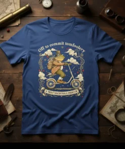 Off to commit tomfoolery A TRULY MISCHUSOUS ENDEAVOR text on a t-shirt featuring a frog riding a scooter, whimsical clouds