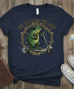 Christian t-shirt design with text "Off To Praise The Lord" featuring a frog riding a scooter and holding a Bible