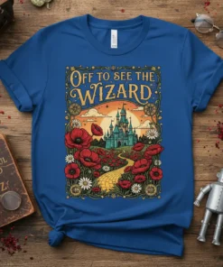 Off To See The Wizard quote on a t-shirt with a fantasy castle, yellow brick road, and poppy field graphic