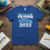 Official 5th Grader Future Class of 2032 text design on a blue t-shirt, featuring bold typography and a banner graphic