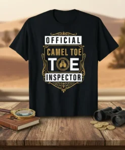 Official Camel Toe Inspector text on a black t-shirt with a decorative golden border and graphic of boxing gloves