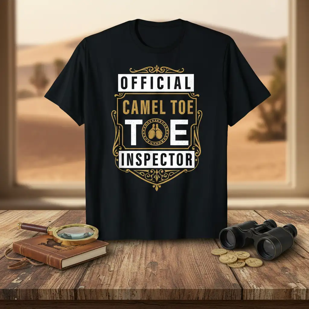 Official Camel Toe Inspector quote on a black t-shirt with a decorative golden emblem and boxing glove graphic