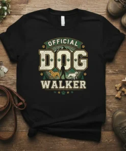 Official Dog Walker t-shirt design with vintage style text and graphics of dogs and a person walking