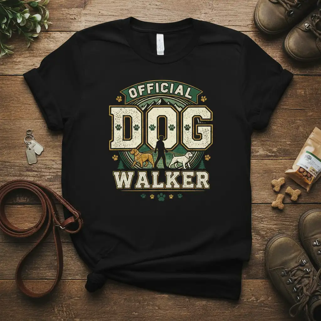 Official Dog Walker t-shirt design featuring a person walking two dogs with vintage typography