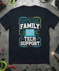 Official Family Tech Support t-shirt with neon-style text and laptop graphic