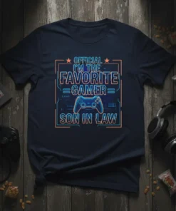 Official I'm The Favorite Gamer Son In Law text with video game controller graphic on navy t-shirt