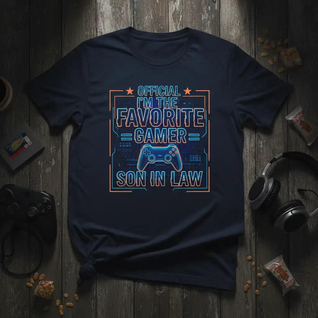 Official I'm The Favorite Gamer Son In Law text and video game controller graphic on t-shirt