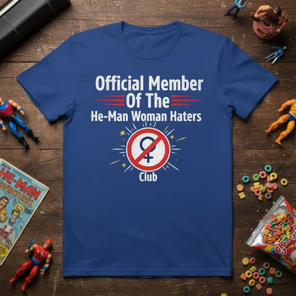 Official Member Of The He-Man Woman Haters Club text and symbol on a royal blue tee