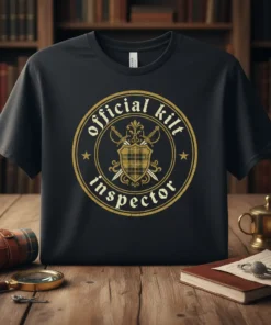 Official Kilt Inspector circular emblem t-shirt design with crossed swords and tartan shield