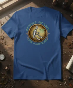 Official Member Brand New Knee Tin Man Club t-shirt featuring a steampunk robot design and quote