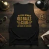 Official Member Old Balls Club 40 Years of Awesome text on a black tank top, featuring vintage gears and wings