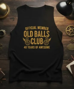 Official Member Old Balls Club 40 Years of Awesome text on a black tank top, featuring vintage gears and wings