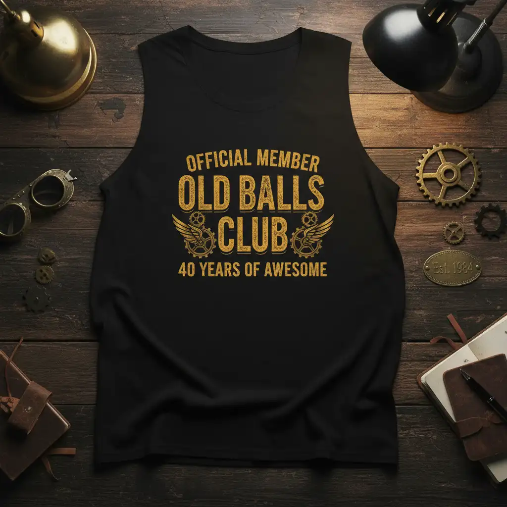 Official Member Old Balls Club 40 Years of Awesome text with vintage gears and wings graphic on a black tank top