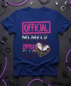 Official Member Zipper Club text with a mechanical heart graphic on a blue t-shirt