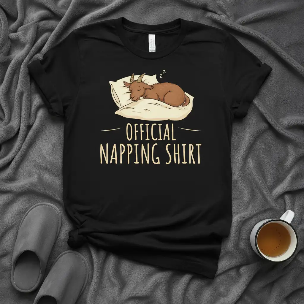 Official Napping Shirt text with a cute sleeping goat graphic on a black tee