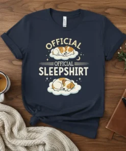 Official Official Sleepshirt t-shirt design featuring two sleeping dogs on clouds, with stars and a moon graphic