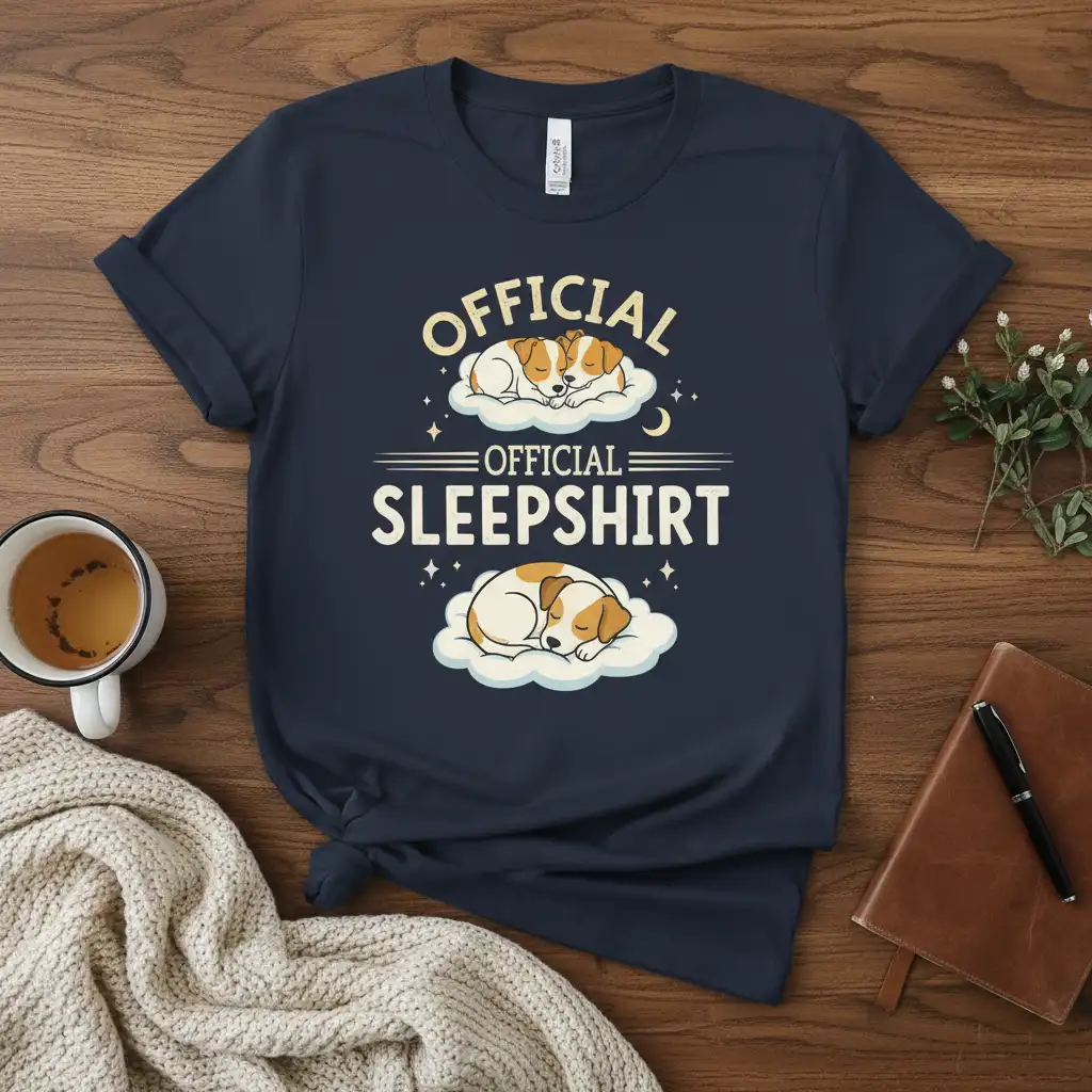 Official Official Sleepshirt text with two cute dogs sleeping on clouds, ideal for dog lovers