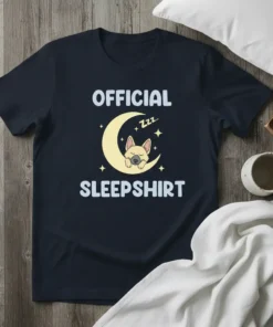 Official Sleepshirt text with a cute French Bulldog sleeping on a crescent moon graphic, stars, and Zzz
