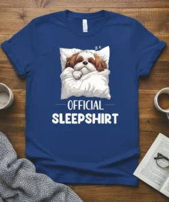 Official Sleepshirt t-shirt design with a Shih Tzu dog sleeping soundly on a pillow