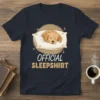 Official Sleepshirt t-shirt design with a sleeping golden retriever puppy on a pillow, surrounded by stars and moons