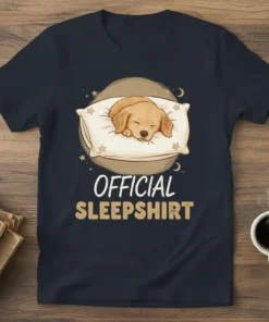 Official Sleepshirt t-shirt design with a sleeping golden retriever puppy on a pillow, surrounded by stars and moons