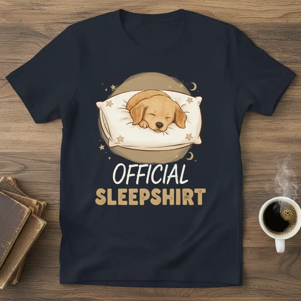 Official Sleepshirt text with a cute sleeping golden retriever puppy graphic on a navy t-shirt