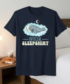 Official Sleepshirt text with a cute manatee sleeping on a cloud, moon and stars graphic