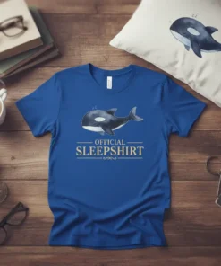 Official Sleepshirt Orca Whale T-Shirt with sleeping orca graphic and gold text