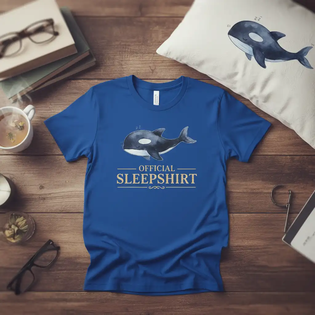 Official Sleepshirt Orca Whale T-Shirt featuring a cute sleeping orca graphic and golden text