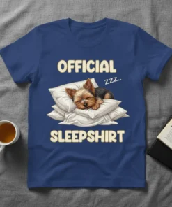 Official Sleepshirt Yorkie dog sleeping on pillows with Zzz text, featuring cute typography and illustration