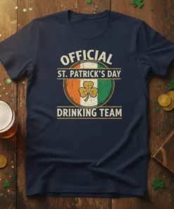 OFFICIAL ST. PATRICK'S DAY DRINKING TEAM text with shamrock and Irish flag colors on a navy t-shirt