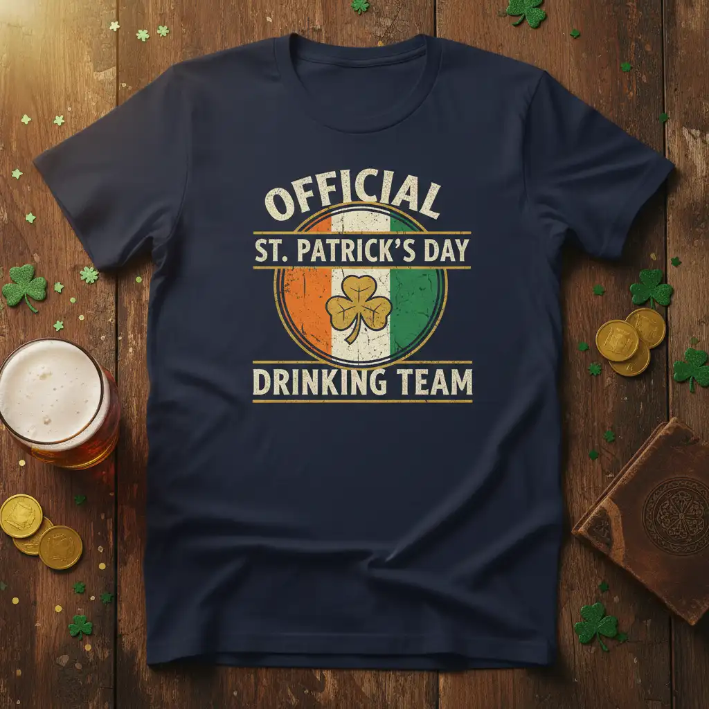 OFFICIAL ST. PATRICK'S DAY DRINKING TEAM quote in distressed vintage font on a t-shirt