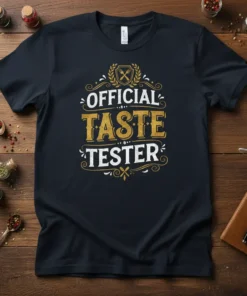 Official Taste Tester t-shirt design with gold and white distressed text and crossed cutlery graphic