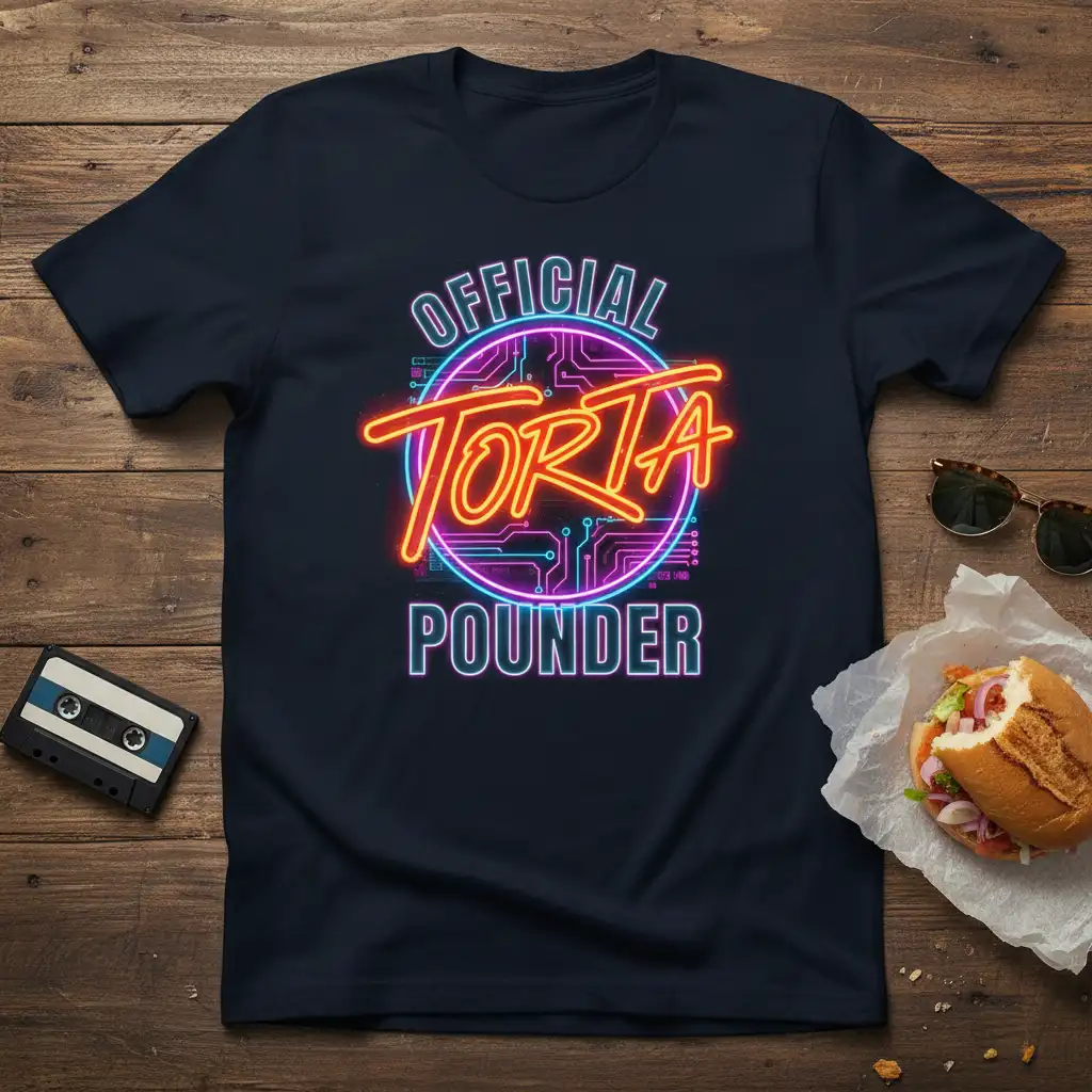 Official Torta Pounder neon graphic tee featuring vibrant circuit board design and bold typography
