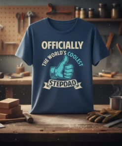 Navy blue t-shirt with "Officially The World's Coolest Stepdad" text and a thumbs-up graphic