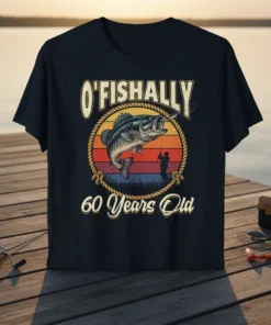 O'FISHALLY 60 Years Old t-shirt featuring a bass fish, fisherman silhouette, and vintage sunset graphic