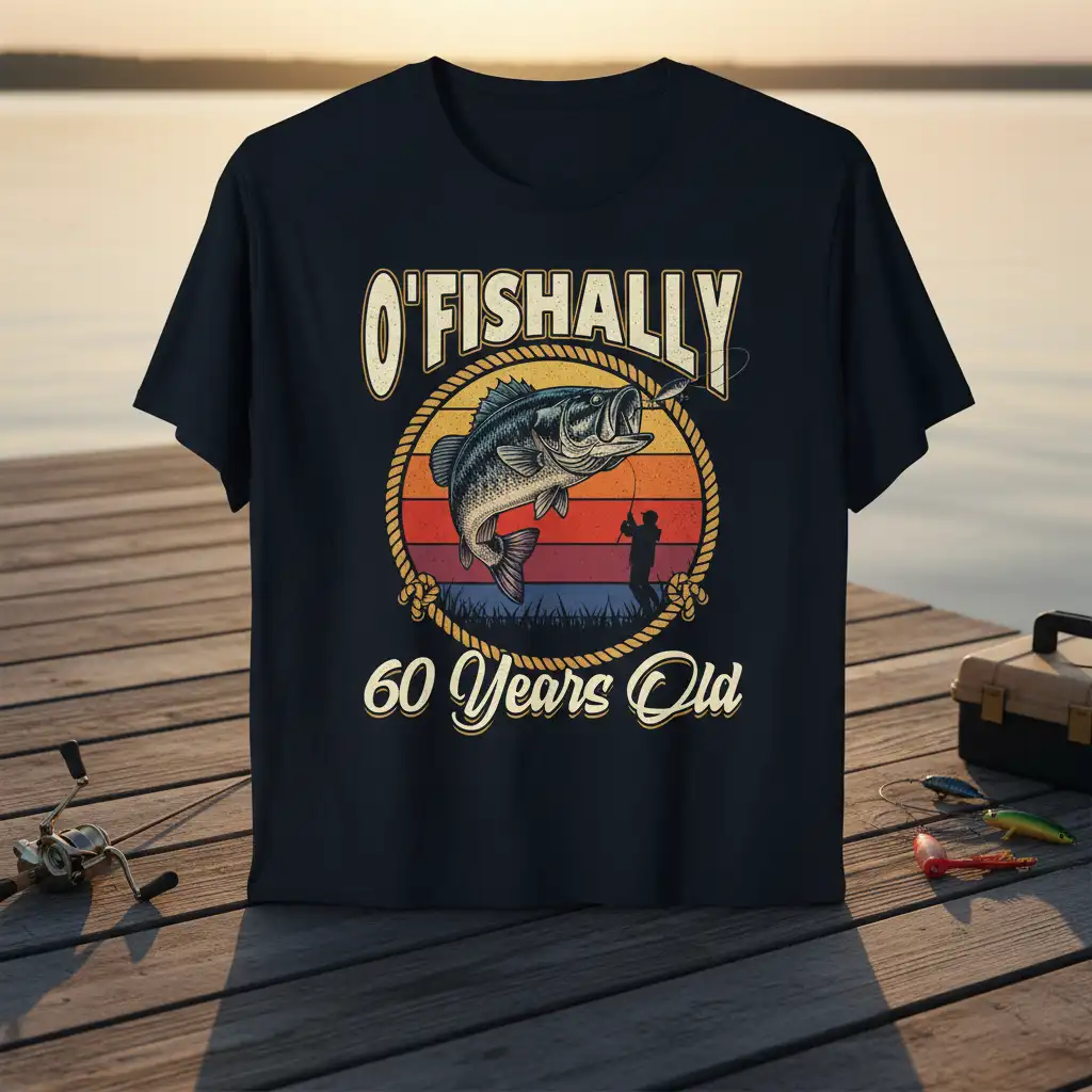 O'FISHALLY 60 Years Old funny fishing birthday t-shirt design with bass fish and sunset