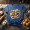 Oh Biscuits! quote on a blue t-shirt surrounded by cartoon cookies with happy faces