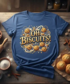 Oh Biscuits! quote on a blue t-shirt surrounded by cartoon cookies with happy faces