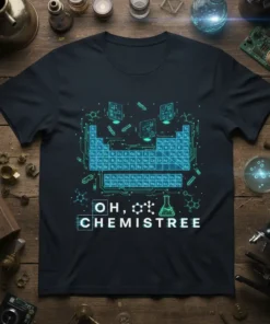 OH, CHEMI$TREE t-shirt design featuring a stylized periodic table and chemical flask graphic