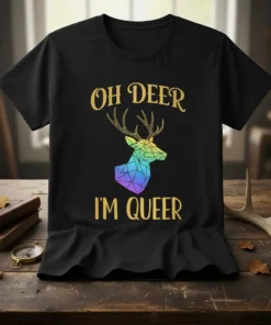 Black t-shirt with "Oh Deer I'm Queer" text and a geometric deer in rainbow colors, representing LGBTQ pride