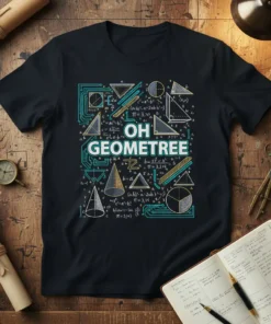 Black t-shirt with "OH GEOMETREE" text surrounded by geometric shapes and mathematical formulas, in teal and gold