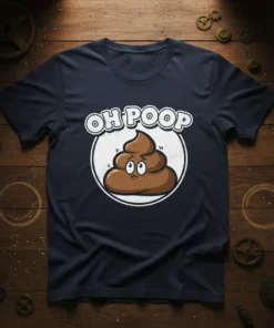 OH POOP T-Shirt with a cartoon poop emoji looking worried inside a circle. Funny graphic tee for humor lovers