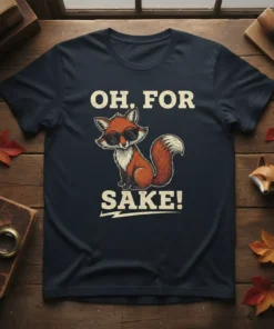 Funny fox wearing sunglasses with text "OH, FOR SAKE!" on a navy t-shirt, perfect for humor lovers