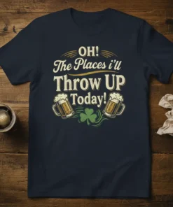 T-shirt with "OH! The Places i'll Throw UP Today!" text, featuring beer mugs and a shamrock, for St. Patrick's Day