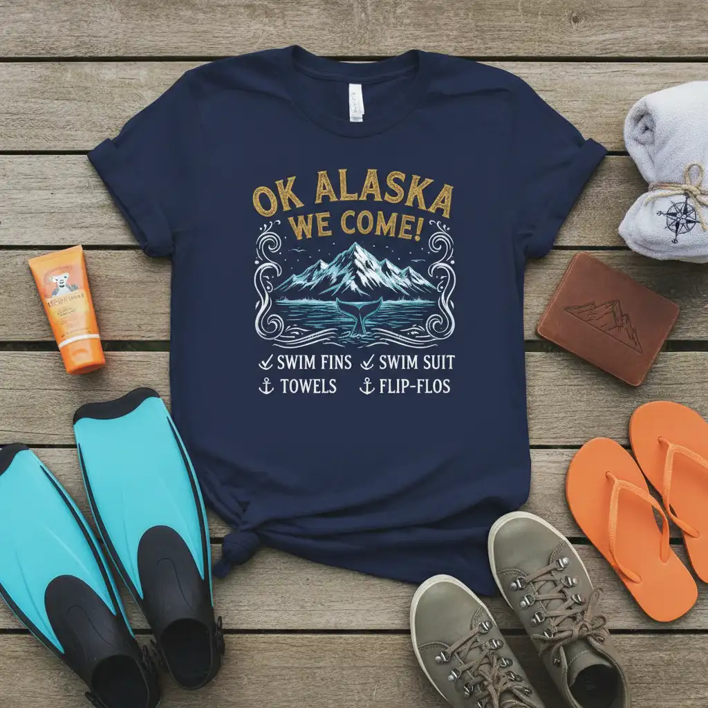 OK ALASKA WE COME text with mountain and whale tail graphic on a navy blue t-shirt, listing vacation essentials