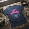 OK BOOMER text with a neon retro phone graphic on a navy blue t-shirt